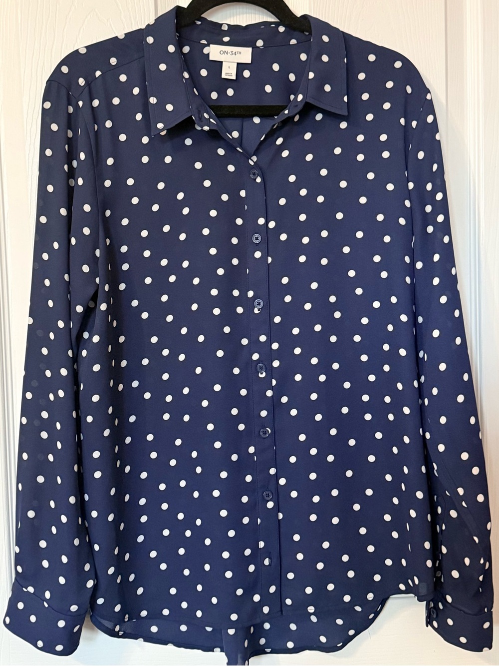 ON-34TH Navy Polka Dot Button-Down Blouse